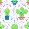 Seamless holiday pattern with kawaii cacti in flower pots, fireworks, birthday cap on square background.