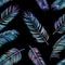 Seamless holographic vector pattern with palm leaves on dark bac