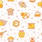 Seamless honey pattern with stroked honey bees, bee cells, beehives and beekeeping signs.