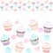 Seamless horizontal border with colorful cupcakes and meringue on a white
