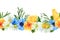 Seamless horizontal border of watercolor summer meadow flowers and herbs. Pattern with poppies, camomiles and cornflowers. Nature