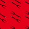 Seamless horror pattern with grill fork black silhouettes. Red background. Kitchen tools barbeque sketch