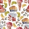 Seamless ice-cream pattern. Watercolor hand drawn summer beach print with ice lolly and Ice cream in a waffle cup