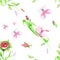 Seamless illustrated pattern with floral elements of green leaves, rosebuds and a butterfly stem. Isolate on white background