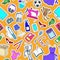 Seamless illustratio  on a theme of products and shopping, simple purchase icons, color patch  icons on orange background