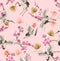 Seamless illustration with birds cranes and Stork on a pink background. For decoration of textiles, packaging, wallpaper.