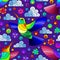 Seamless illustration with bright Hummingbird birds, clouds and flowers, bright birds on a purple background