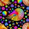 Seamless illustration with  bright nautilus, shells and fish, animals on a black background