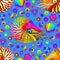 Seamless illustration with  bright nautilus, shells and fish, animals on a blue background