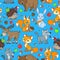 Seamless illustration with  cartoon forest animals, bright beasts on blue background