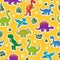 Seamless illustration with colorful dinosaurs and leaves,patch icons on yellow background