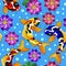 Seamless illustration with  colorful koi carp fishes, Lotus flowers and bubbles on blue background