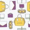 Seamless illustration with cute yellow, purple and grey handbags and clutches in fashion stylish pattern. Hand drawn backgr