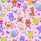 Seamless illustration with funny cartoon cats on pink background