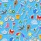 Seamless illustration with simple icons on a theme of spring , colored stickers on a blue background