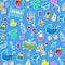 Seamless illustration on the theme of childhood and newborn babies, baby accessories and toys, simple color stickers icons on blue