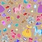 Seamless illustration on the theme of Hobbies baby girls and toys ,patch icons on brown background