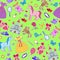 Seamless illustration on the theme of Hobbies baby girls and toys ,patch icons on green background