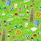 Seamless illustration on the theme of journey in the country of Italy, simple colored icons stickers on green background