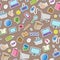 Seamless illustration on the theme of online shopping and Internet shops, colorful stickers icons on brown background