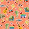 Seamless illustration on the theme of recreation in the country of Mexico, colorful patches icons on a orange background