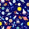 Seamless illustration on the theme of space and space travel color icons on blue background