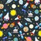 Seamless illustration on the theme of space and space travel color icons on dark background