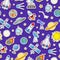 Seamless illustration on the theme of space and space travel color sticker icons on blue background