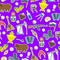 Seamless illustration on the theme of travel in the country of Russia, colored cartoon icons sticker on purple background