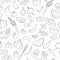 Seamless illustration on the theme of vegetarianism, grocery icons, simple outline black icons on a white background