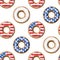 Seamless Independence Day pattern with donuts with American flag pattern in honor of 4th of July. Volumetric 3D donuts