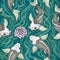 Seamless Japan pattern with Koi Fish carp background.