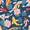 Seamless Japanese pattern with koi fishes swimming in Asian water garden. Endless repeating oriental background with