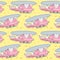 Seamless kawaii cat is driving a helicopter with friends pattern