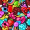 Seamless kawaii pattern with sweets and candies. Crazy sweet-stuff in cartoon style