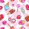 Seamless kawaii pattern with sweets and candies. Crazy sweet-stuff in cartoon style