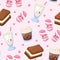 Seamless Kawaii vector pattern. Cartoon hand drawn glass of vanilla milkshake, coffee, cookies and marshmallow on pink background