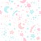 Seamless kiddish pattern. Pink and blue stars and moon. Modern baby illustration