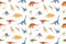 Seamless kids pattern with different dinosaurs on white background. Endless texture with dinos of Jurassic park and