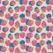 Seamless kids style summer pattern with hand drawn pink strawberries turquoise leaves on pastel background. Fabric textile
