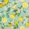 Seamless Lemon pattern with tropic fruits, leaves, flowers background. Hand drawn illustration in watercolor style for summer