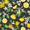 Seamless Lemon pattern with tropic fruits, leaves, flowers background. Hand drawn illustration in watercolor style for summer