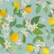 Seamless Lemon pattern with tropic fruits, leaves, flowers background. Hand drawn vector illustration in watercolor style summer