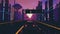 Seamless loop of cyberpunk sunset landscape with a moving car on a highway road