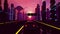 Seamless loop of cyberpunk sunset landscape with a moving car on a highway road