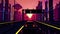 Seamless loop of cyberpunk sunset landscape with a moving car on a highway road