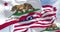 Seamless loop in slow motion with two flags of the California state flying along with the national flag of the United States of