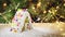 Seamless loopable snow on Gingerbread house with Christmas tree background. Holiday concept. Cinemagraph