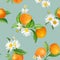 Seamless Mandarin pattern, citrus tropic fruits, leaves, daisy flowers background. Hand drawn illustration
