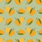 Seamless mango pattern with leaves on green background. Ripe mango vector illustration